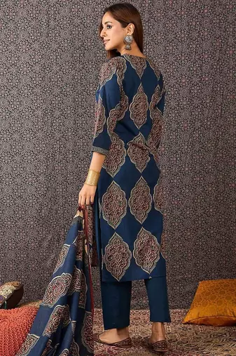 Women Ajrakh Printed Straight Kurta Trousers With Dupatta Set