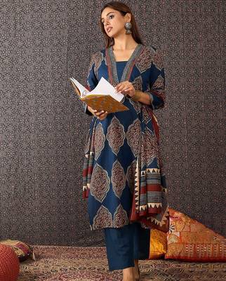 Women Ajrakh Printed Straight Kurta Trousers With Dupatta Set 5