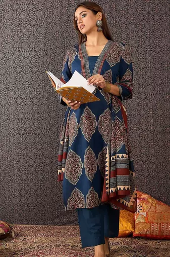 Women Ajrakh Printed Straight Kurta Trousers With Dupatta Set
