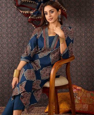 Women Ajrakh Printed Straight Kurta Trousers With Dupatta Set 6
