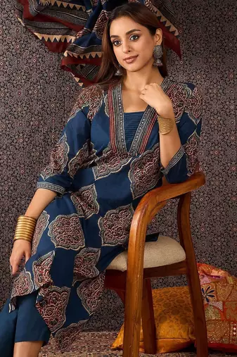 Women Ajrakh Printed Straight Kurta Trousers With Dupatta Set