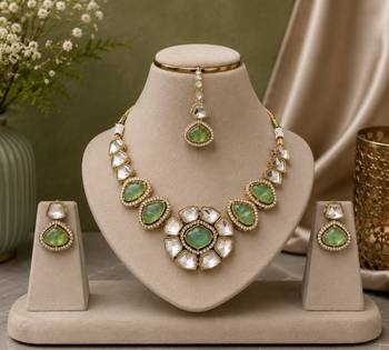 kundan mint green mehendi polish necklace set with earrings and maang tikka for bridal wedding jewelry 1