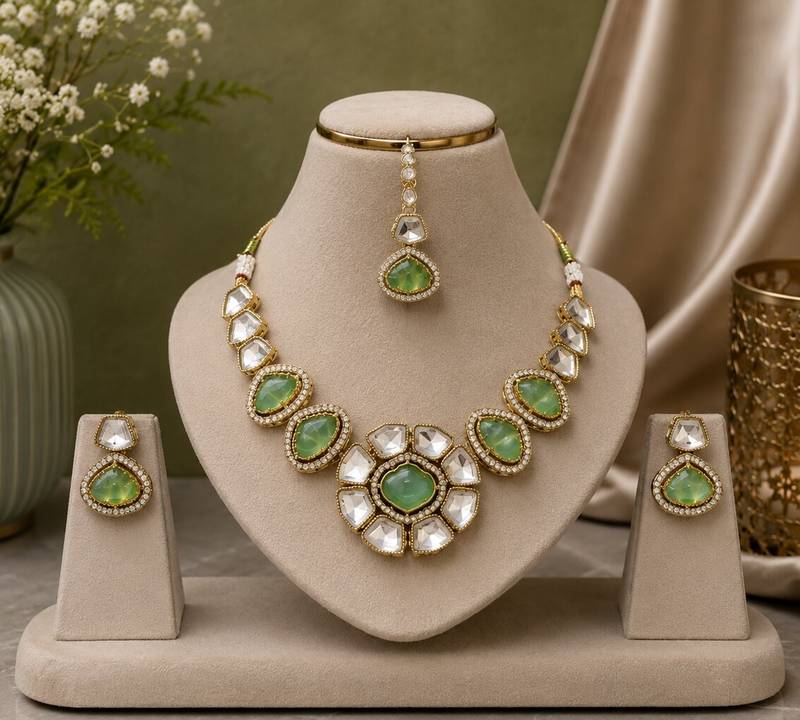 kundan mint green mehendi polish necklace set with earrings and maang tikka for bridal wedding jewelry