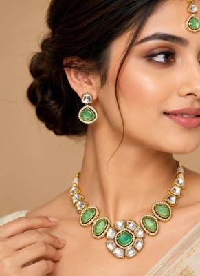 kundan mint green mehendi polish necklace set with earrings and maang tikka for bridal wedding jewelry 2