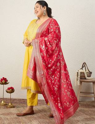 Plus Size Ethnic Motifs Embroidered Regular Kurta with Trousers & With Dupatta 4
