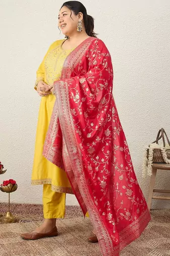 Plus Size Ethnic Motifs Embroidered Regular Kurta with Trousers & With Dupatta