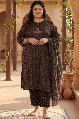 Plus Size Black Printed Straight Kurta Trousers With Dupatta Set