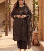Plus Size Black Printed Straight Kurta Trousers With Dupatta Set