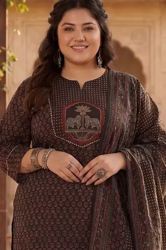Plus Size Black Printed Straight Kurta Trousers With Dupatta Set