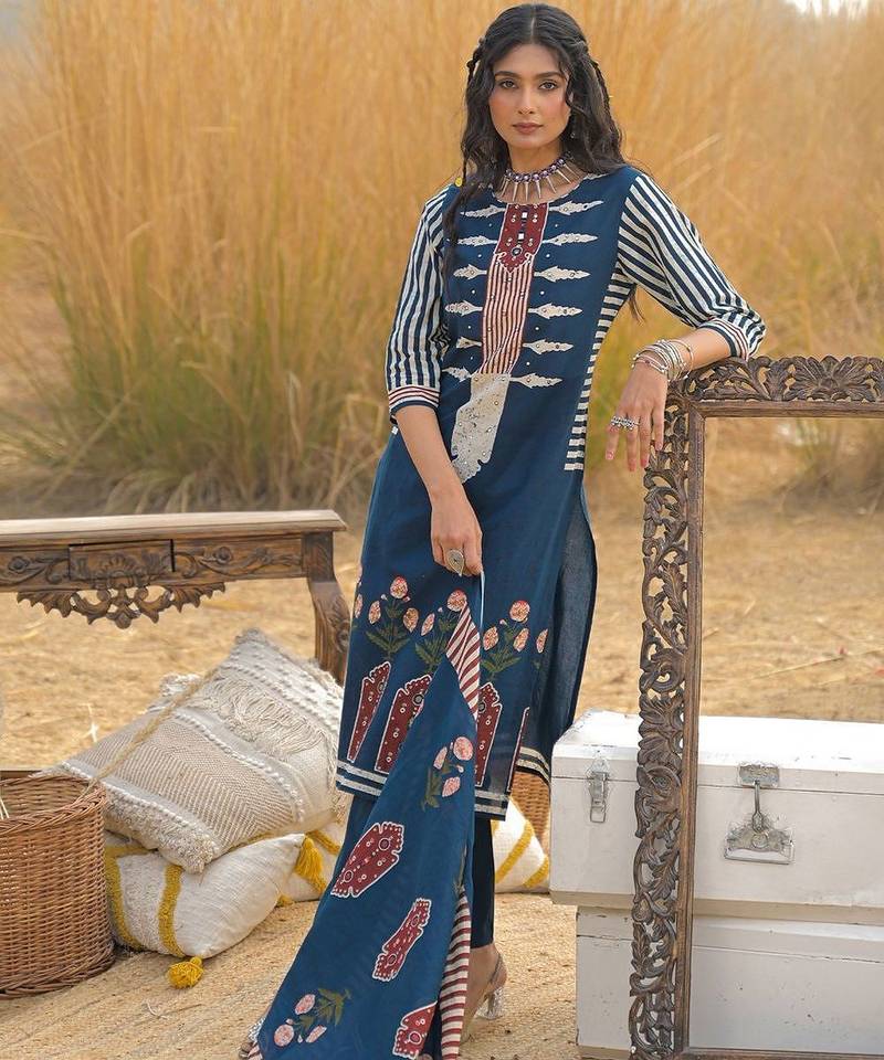 Women Ethnic Motifs Printed Regular Mirror Work Pure Cotton Kurta with Trousers & With Dupatta