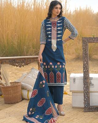 Women Ethnic Motifs Printed Regular Mirror Work Pure Cotton Kurta with Trousers & With Dupatta 6