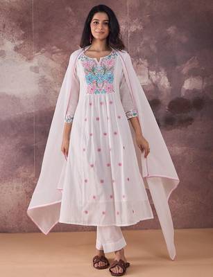 Women Floral Embroidered Regular Thread Work Pure Cotton Kurta with Trousers & With Dupatta 1