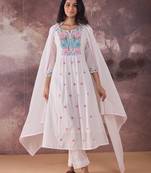 Women Floral Embroidered Regular Thread Work Pure Cotton Kurta with Trousers & With Dupatta