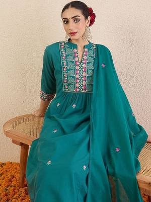Women Ethnic Motifs Embroidered Cotton A-Line Kurta with Trousers & Dupatta 2