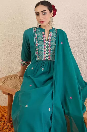 Women Ethnic Motifs Embroidered Cotton A-Line Kurta with Trousers & Dupatta