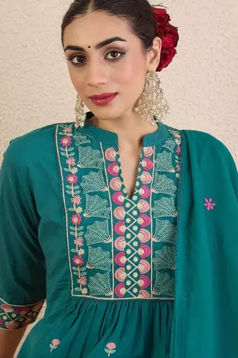 Women Ethnic Motifs Embroidered Cotton A-Line Kurta with Trousers & Dupatta