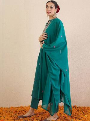 Women Ethnic Motifs Embroidered Cotton A-Line Kurta with Trousers & Dupatta 4