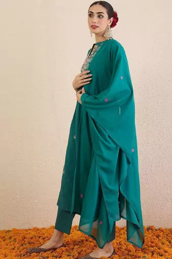 Women Ethnic Motifs Embroidered Cotton A-Line Kurta with Trousers & Dupatta