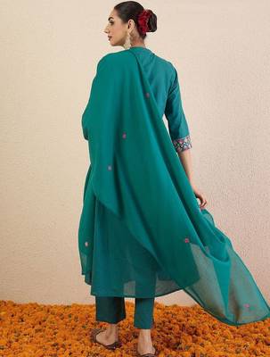 Women Ethnic Motifs Embroidered Cotton A-Line Kurta with Trousers & Dupatta 5
