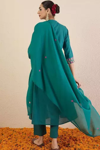 Women Ethnic Motifs Embroidered Cotton A-Line Kurta with Trousers & Dupatta