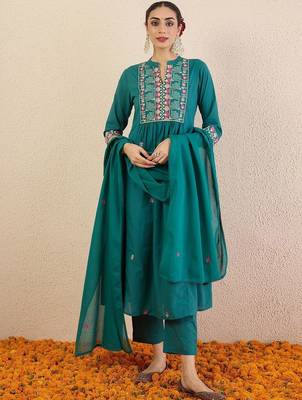 Women Ethnic Motifs Embroidered Cotton A-Line Kurta with Trousers & Dupatta 1
