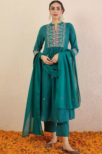 Women Ethnic Motifs Embroidered Cotton A-Line Kurta with Trousers & Dupatta