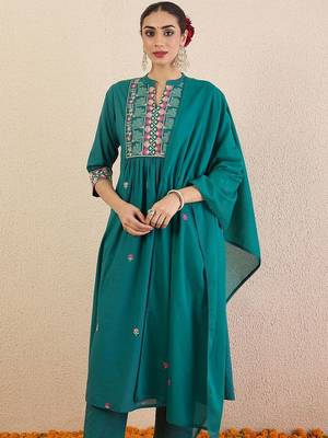 Women Ethnic Motifs Embroidered Cotton A-Line Kurta with Trousers & Dupatta 6