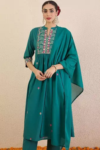 Women Ethnic Motifs Embroidered Cotton A-Line Kurta with Trousers & Dupatta
