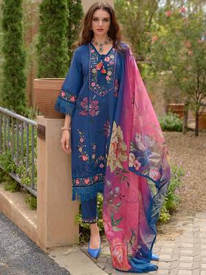 Women Floral Embroidered Panelled Thread Work Pure Silk Kurta with Trousers & With Dupatta 3
