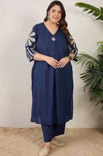 Plus Size Embroidered Pleated Thread Work Pure Cotton Kurta with Trousers