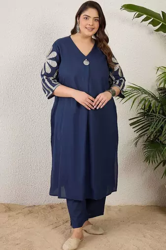 Plus Size Embroidered Pleated Thread Work Pure Cotton Kurta with Trousers