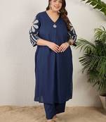 Plus Size Embroidered Pleated Thread Work Pure Cotton Kurta with Trousers