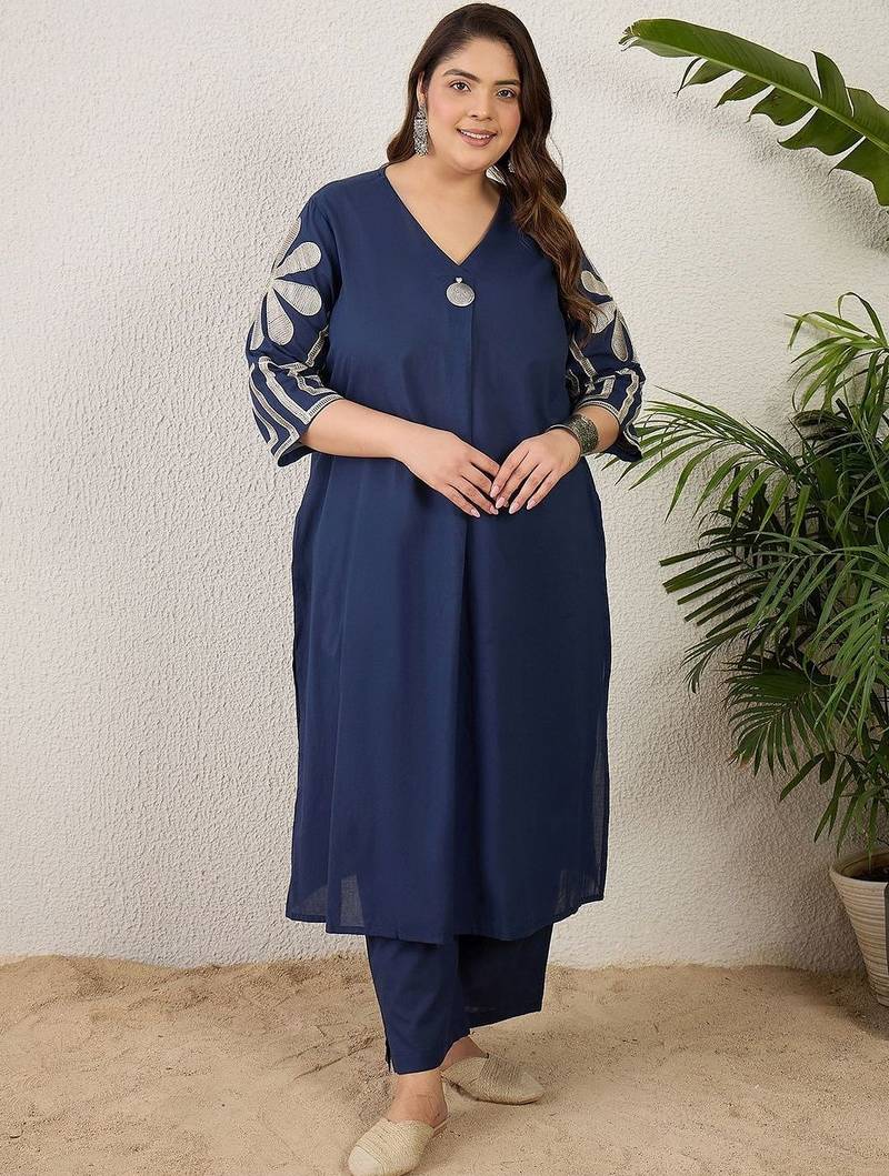 Plus Size Embroidered Pleated Thread Work Pure Cotton Kurta with Trousers