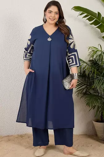 Plus Size Embroidered Pleated Thread Work Pure Cotton Kurta with Trousers