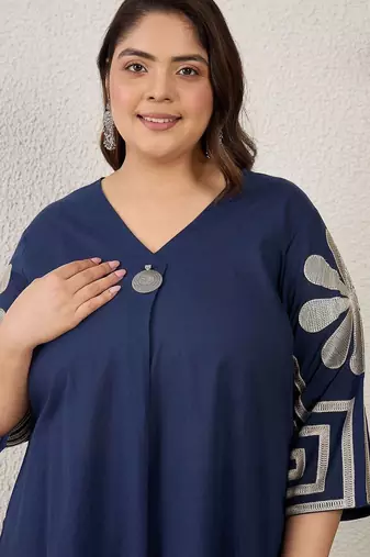 Plus Size Embroidered Pleated Thread Work Pure Cotton Kurta with Trousers