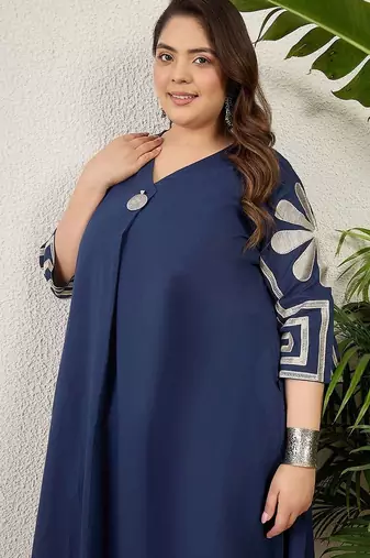 Plus Size Embroidered Pleated Thread Work Pure Cotton Kurta with Trousers