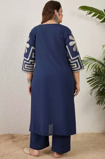 Plus Size Embroidered Pleated Thread Work Pure Cotton Kurta with Trousers