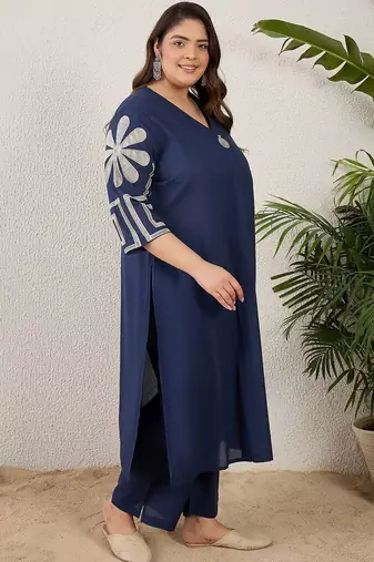 Plus Size Embroidered Pleated Thread Work Pure Cotton Kurta with Trousers