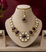 kundan wine color mehendi polish necklace set with earrings and maang tikka for bridal wedding jewelry
