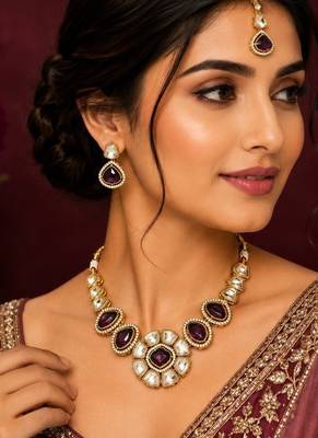 kundan wine color mehendi polish necklace set with earrings and maang tikka for bridal wedding jewelry 2