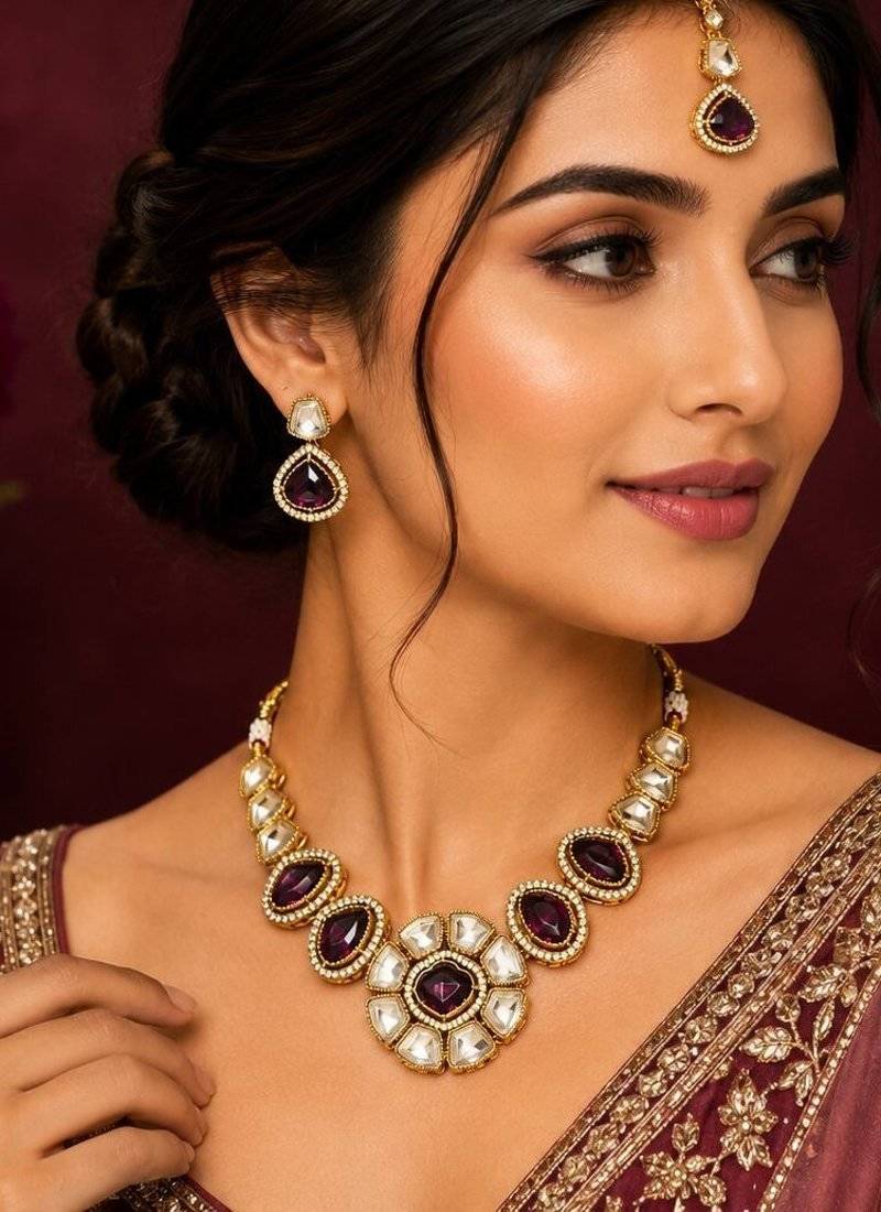 kundan wine color mehendi polish necklace set with earrings and maang tikka for bridal wedding jewelry