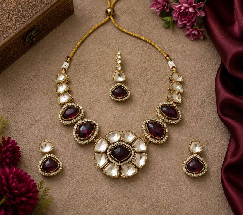 kundan wine color mehendi polish necklace set with earrings and maang tikka for bridal wedding jewelry