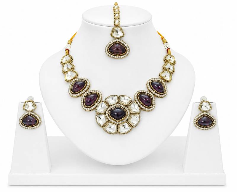 kundan wine color mehendi polish necklace set with earrings and maang tikka for bridal wedding jewelry