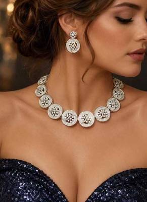 Silver CZ Statement Necklace Set, Round Floral Disc, Matching Drop Earrings, Bridal Party Jewelry 1