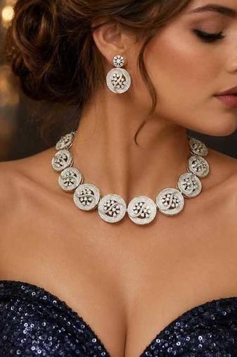 Silver CZ Statement Necklace Set, Round Floral Disc, Matching Drop Earrings, Bridal Party Jewelry