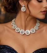 Silver CZ Statement Necklace Set, Round Floral Disc, Matching Drop Earrings, Bridal Party Jewelry