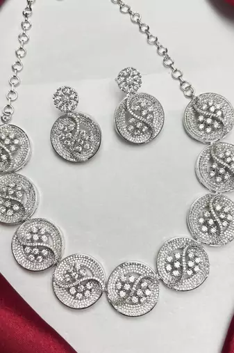 Silver CZ Statement Necklace Set, Round Floral Disc, Matching Drop Earrings, Bridal Party Jewelry
