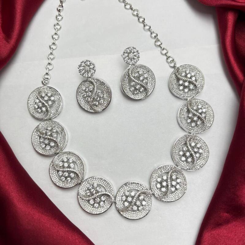 Silver CZ Statement Necklace Set, Round Floral Disc, Matching Drop Earrings, Bridal Party Jewelry