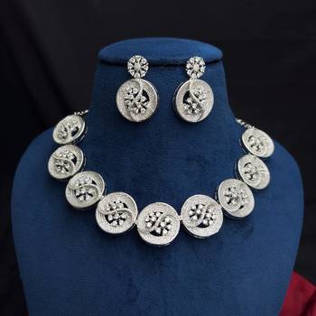 Silver CZ Statement Necklace Set, Round Floral Disc, Matching Drop Earrings, Bridal Party Jewelry 3