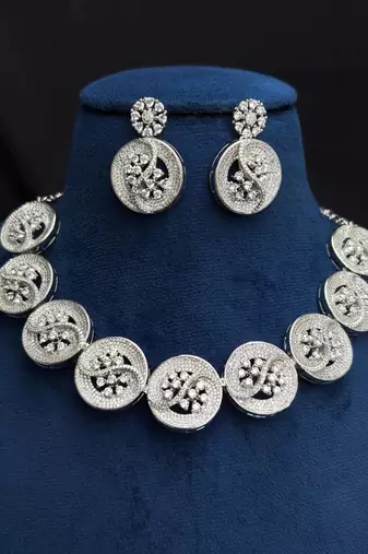 Silver CZ Statement Necklace Set, Round Floral Disc, Matching Drop Earrings, Bridal Party Jewelry